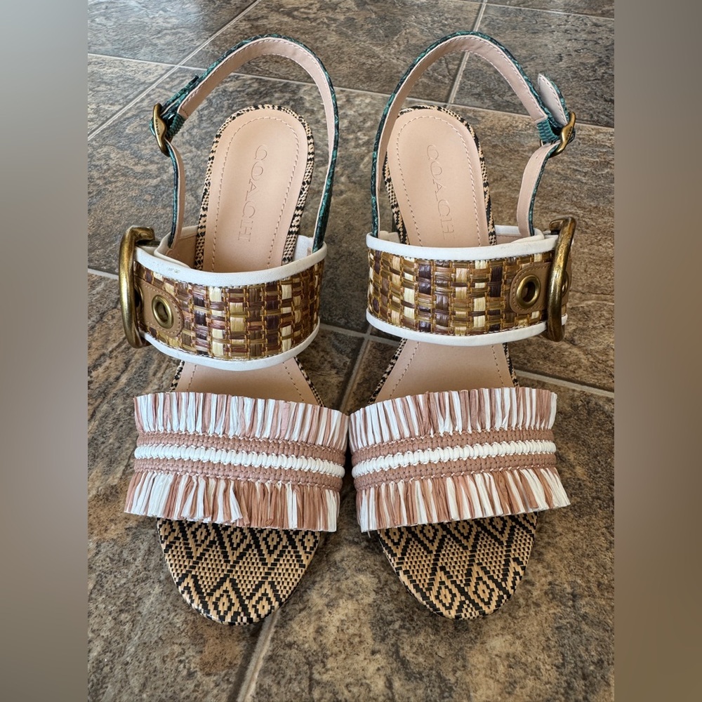 NEW!!! Coach Robin Raffia Leather Buckle Closure Sandals- Multicolored,Size 9.5B